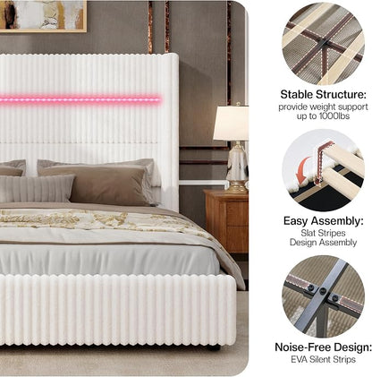 Jocisland King Size Corduroy Upholstered Bed Frame with 4 Storage Drawers & 51.2" Tall Wingback Headboard, LED Platform Bed with Charging Station, Easy Assembly, No Box Spring Needed, White