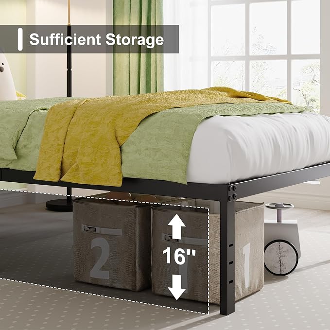 EMODA 18 Inch King Bed Frame No Box Spring Needed, Heavy Duty Tall Metal Platform with Large Storage Space, Noise Free, Easy Assembly, Black