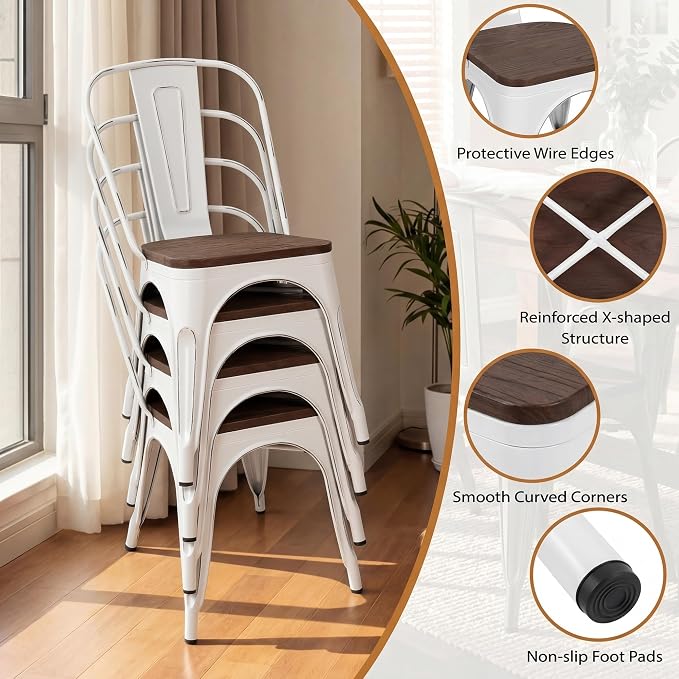 JUMMICO Metal Dining Chair Stackable Industrial Vintage Kitchen Chairs Indoor-Outdoor Bistro Cafe Side Chairs with Back and Wooden Seat Set of 4 (White)