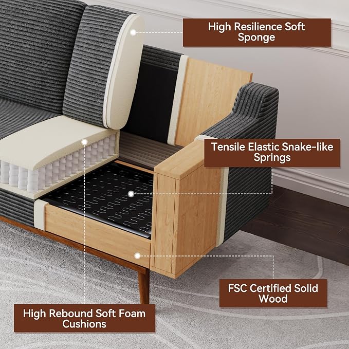 Vipbear 65.4" Loveseat Sofa,Mid-Century Modern Small Couches for Living Room, Bedroom, Office,Comfy Grey Corduroy Couch with Spring Cushion, Solid Wood Frame, Tool-Free Assembly