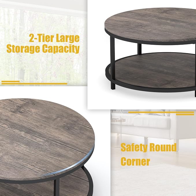 WiberWi Round Coffee Table 35.8" Circle Coffee Tables for Living Room Rustic Industrial Cocktail Table with Sturdy Metal Frame and Open Storage Shelf, Easy Assembly, Gray Brown