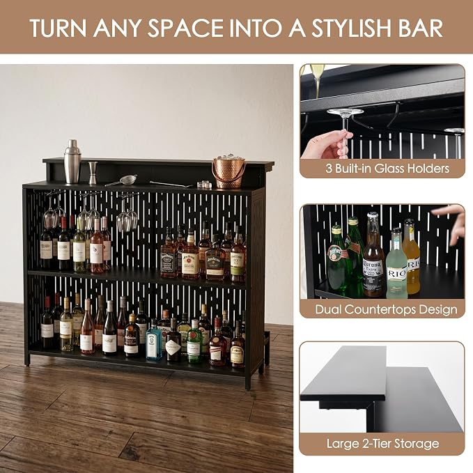 Kozyard Home Bar Cabinet with Storage Cabinet and Shelves, Black Indoor Bar Cabinet for Kitchen, Dining Room, Living Room, Home Bar Furniture