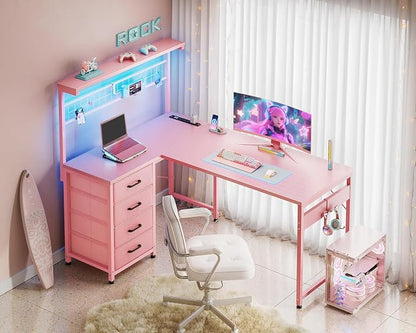 MOTPK L Shaped Gaming Desk with Drawers & LED Light & Power Outlet, 43" Reversible Computer Table with Shelves & Hooks for Home Office, Carbon Fiber Pink