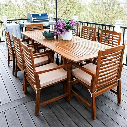 PHI VILLA 9pc Outdoor Dining Set, Expandable Wood Table w/Umbrella Hole | Acacia wood teak patio furnitue set for 8. Perfect for patio, deck, porch, backyard. Chairs with cushions