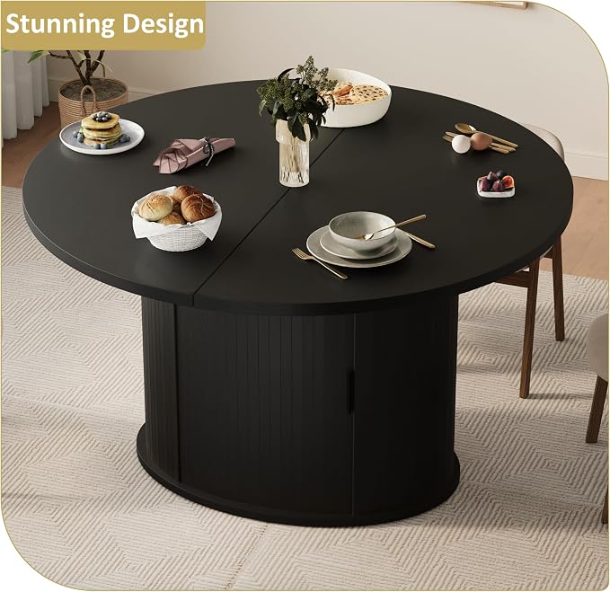 Dining Table for 4-6, 63“Extendable Round Dining Room Kitchen Table with 2-Tier Storage Shelf, Fluted Wood Table with Slide Door, Expandable Wood Oval Dinner Furniture with Pedestal Base (Black)