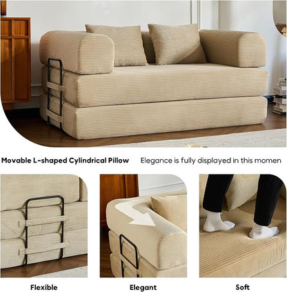 ZEIINPA 59“ Convertible Floor Sofa Bed, 5-in-1 Futon Sofa Bed Pull Out Sleeper Couch, Modern Corduroy Compressed Loveseat, Modular Boneless Couches for Living Room, No Assembly Required, Beige