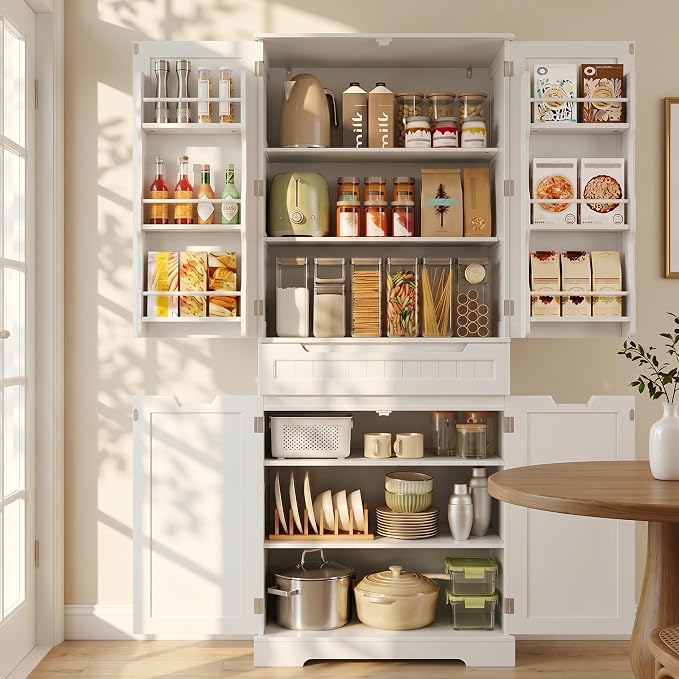 Gizoon 70" Tall Kitchen Pantry Cabinet with Doors and Adjustable Shelves, Pantry Storage Cabinet with Drawer Freestanding Organizer for Small Kitchen Bathroom Laundry Room, Painted White