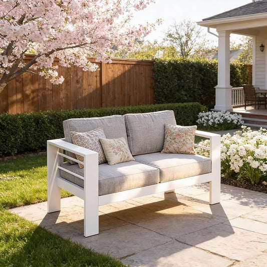 Kiss the Water Loveseat Aluminum Outdoor Patio Sofa Set, All Weather Rust-Proof Metal Patio Couch, Modern Outdoor Furniture for Backyard Porch Garden, 5" Thick Waterproof Olefin Cushions, Light Grey