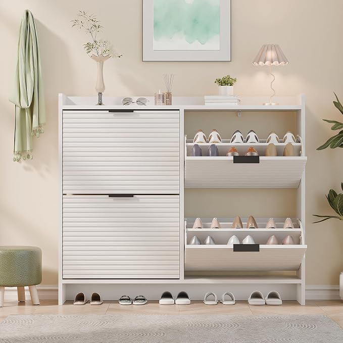 MU 46.5" W Fluted Shoe Storage Cabinet for Entryway, Shoe Cabinet with 4 Flip Drawers, Narrow Wood Shoe Rack Cabinet, Freestanding Hidden Shoe Organizer with Wooden Legs for Hallway, Entrance, White