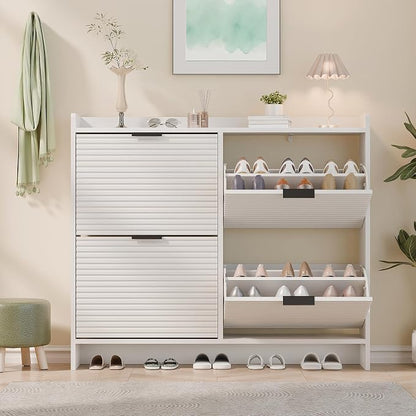 MU 46.5" W Fluted Shoe Storage Cabinet for Entryway, Shoe Cabinet with 4 Flip Drawers, Narrow Wood Shoe Rack Cabinet, Freestanding Hidden Shoe Organizer with Wooden Legs for Hallway, Entrance, White