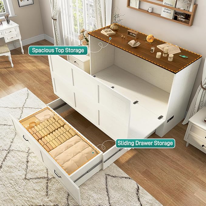 Hlivelood Full Size Murphy Chest Bed with Drawer and Charging Station, Farmhouse Wood Space-Saving Hidden Folding Beds Chest, Multifunctional Storage Cabinet Bed for Bedroom, Office, Rustic White