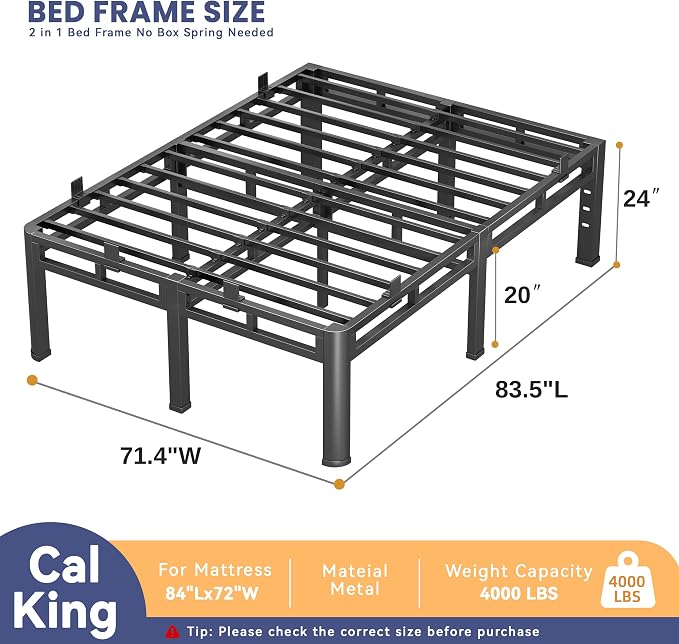 24 Inch Tall Cali King Bedframe, Double Layer Heavy Duty Metal Platform 4000 lbs Capacity, Bed Frames with Headboard Holes, No Box Spring Needed, Mattress Slide Stopper, Easy Assembly
