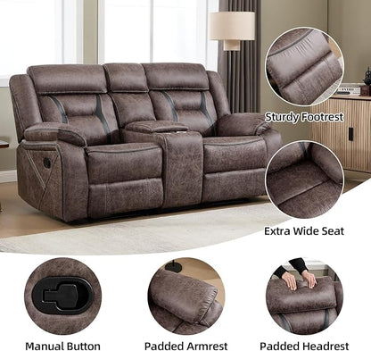 EBELLO Faux Leather Manual Loveseat Recliner, 2 Seat Reclining Sofa Chair with Center Console, Hidden Storage and Cup Holders, Daul Recliner for Living Room, Meeting Room, Grey (Loveseat)