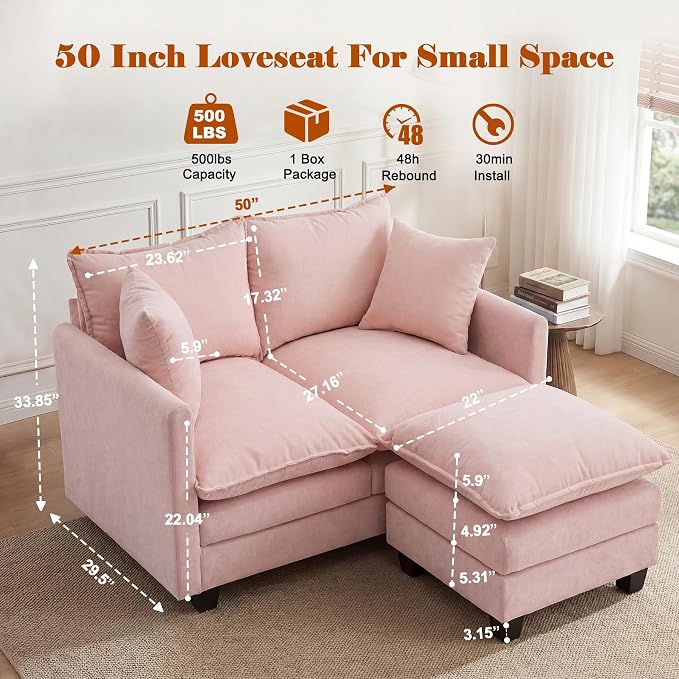 50'' L-Shape Loveseat Sofa with 22" Ottoman, 2 Seat Modern Cloud Couch with 2 Washable Pillows for Small Space Apartment Office Living Room Bedroom, Pink