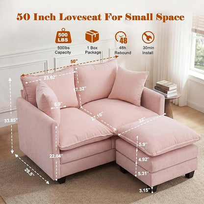50'' L-Shape Loveseat Sofa with 22" Ottoman, 2 Seat Modern Cloud Couch with 2 Washable Pillows for Small Space Apartment Office Living Room Bedroom, Pink