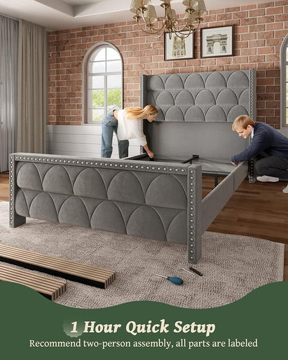 OHOHOLIVE Queen Size Bed Frame with 56" Headboard - Velvet Upholstered Wingback Platform Bed Frame, Noise Free, Sturdy Wooden Slat Support (Deep Gray, Queen)