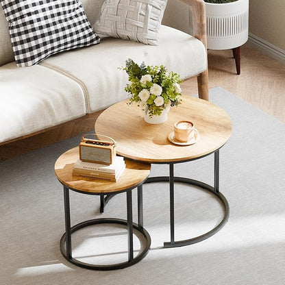 Garden 4 you Nesting Coffee Table, 23.6" Round Coffee Table Set of 2, Wooden Nesting Table Set for with Metal Frame, Side Tables for Living Room Bedroom Balcony, Brown