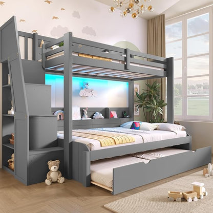 RUNNA Twin Over Full Bunk Bed with Trundle,Storage Stairs,USB Grey | Twin over full bunk bed with trundle, storage stairs, shelves, USB, solid pine wood, guardrails, no box spring needed