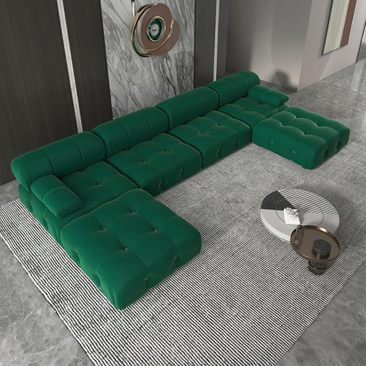138" Convertible Modular Sectional Sofa, U-Shaped Velvet Sectional Couch with Chaise Ottomans, Minimalist Modern 6 Seat Sofas for Living Room Bedroom Office Apartment (Green)