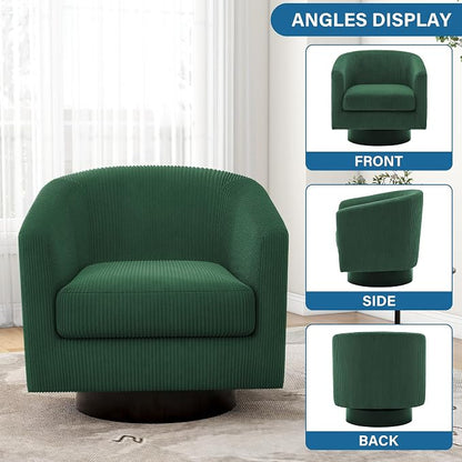 Swivel Accent Chair, Upholstered Corduroy Barrel Chair for Living Room, Small Single Sofa Bedroom Reading Seat, Dark Green