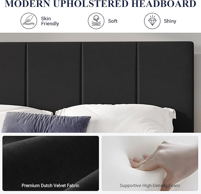 Allewie King Size Dutch Velvet Upholstered Platform Bed Frame/Vertical Channel Tufted Adjustable Headboard/Low Profile Bed Frame/No Box Spring Needed/Easy Assembly/Black