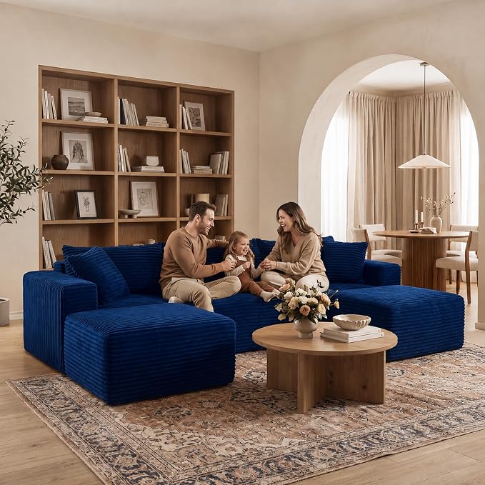 Claiks 104" Boneless Couch, Cloud Couch Sectional, U-Shape Corduroy Modular Sectional Sofa Deep Seat, Upholstered Couches for Living Room, No Assembly Required, Blue