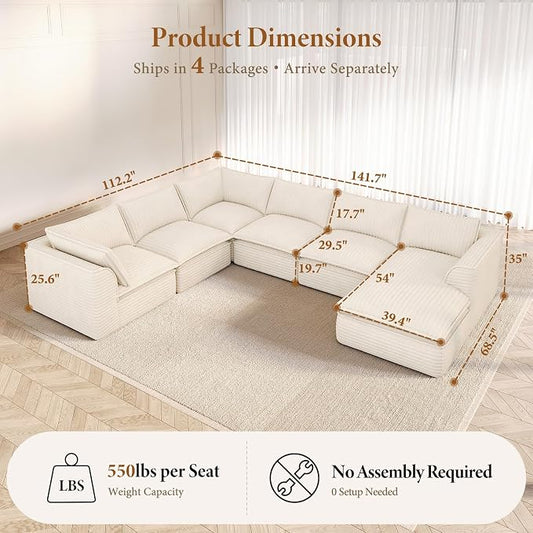 Vesgantti 141.7" Oversized Sectional Boneless Couch, Modern 7 Seater Modular Sofa with Chaise, Deep Seat Convertible Plush Corduroy Cloud Couches for Living Room, No Assembly Required, Beige