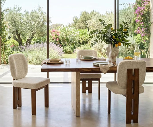 CIMOTA Modern Boucle Dining Chairs Set of 2, Upholstered Armless Side Chairs with Ergonomic Curved Back/Walnut Wood Legs, Mid-Century Dining Kitchen Room Chairs for Kitchen or Dining Room, Beige