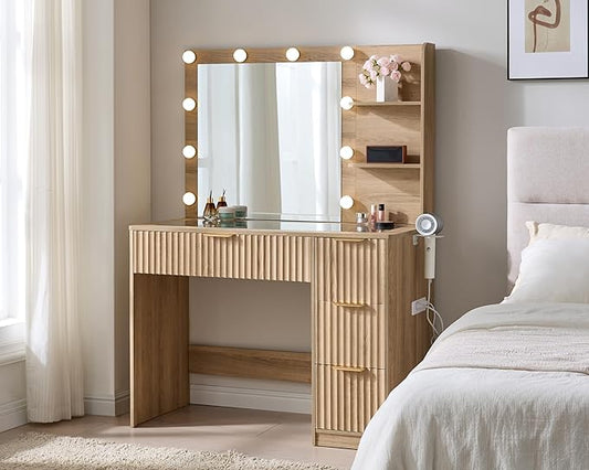 AMERLIFE 36.2" Fluted Vanity Desk with Mirror and Adjustable LED Lights, Large 4 Drawers Makeup Vanity Table with Glass Top and Charging Station for Women and Girls, Bedroom or Dorm, Natural Oak