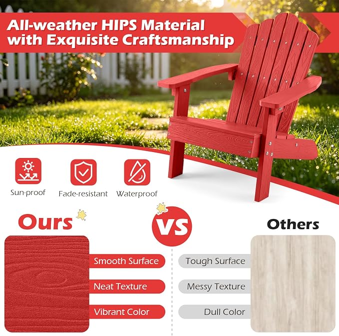 Costzon Kids Adirondack Chair, All-Weather HIPS Toddler Outdoor Chair, Wooden Textured Plastic Fire Pit Chair, Kids Patio Chair for Backyard Lawn Garden, Fits Children Age 3-7 Years (4, Red)