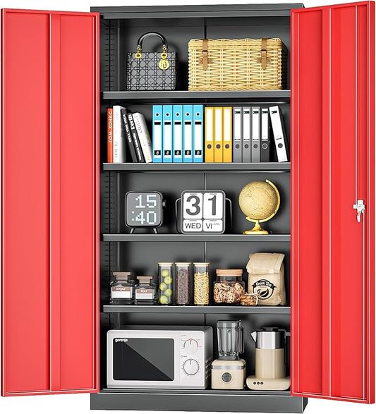 INTERGREAT Metal Storage Cabinet, 72” H Storage Cabinet with 2 Doors and 4 Adjustable Shelves for Office, Home, Garage, Pantry (Assembly Required, Black Red)