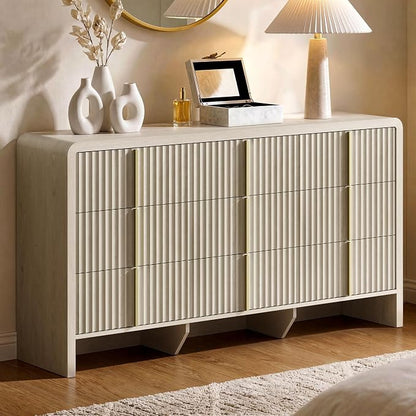 ModernMate Fluted 9 Drawer Dresser for Bedroom, 64.2" Wide White Chest of Drawers, Modern Wood Storage Cabinet with Metal Handles, Anti-Tip Clothes Organizer, White Alder