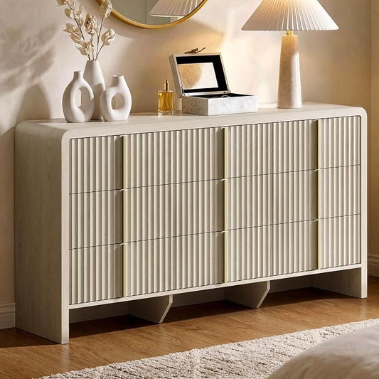 ModernMate Fluted 9 Drawer Dresser for Bedroom, 64.2" Wide White Chest of Drawers, Modern Wood Storage Cabinet with Metal Handles, Anti-Tip Clothes Organizer, White Alder