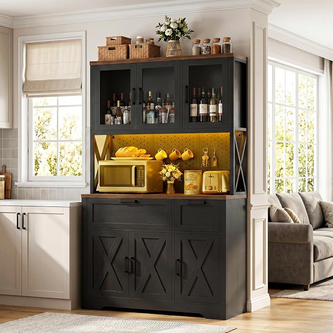 Unikito 71" Tall Pantry Cabinet, Kitchen Pantry Storage Cabinet with Charging Station & LED Lights, Freestanding Microwave Stand Coffee Bar Hutch with Drawers & DIY Pegboard for Dining Room, Black