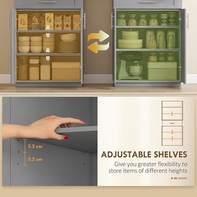 HOMCOM 72" Kitchen Pantry Cabinet, Freestanding Tall Storage Cabinet with 4 Doors, Drawer and 3 Adjustable Shelves for Dining Room, Gray
