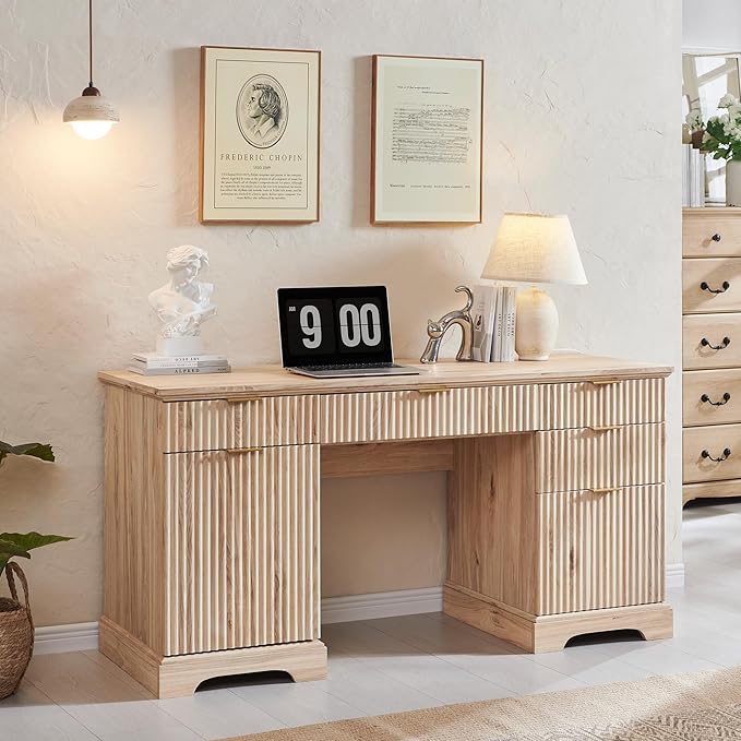58" Modern Wood Executive Desk with 5 Drawers & 1 Cabinet, Built‑in Outlet | Wood Home Office Desk with 5 Drawers & 1 Cabinet, Fluted Computer Writing Desk for Study, Living Room, Bedroom, Oak