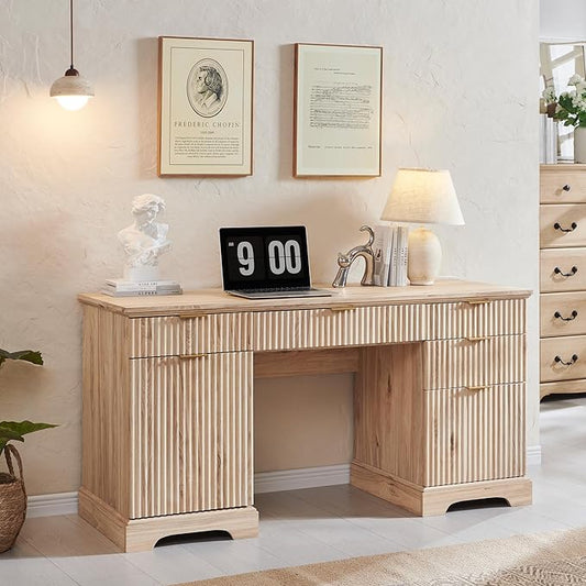58" Modern Wood Executive Desk with 5 Drawers & 1 Cabinet, Built‑in Outlet | Wood Home Office Desk with 5 Drawers & 1 Cabinet, Fluted Computer Writing Desk for Study, Living Room, Bedroom, Oak