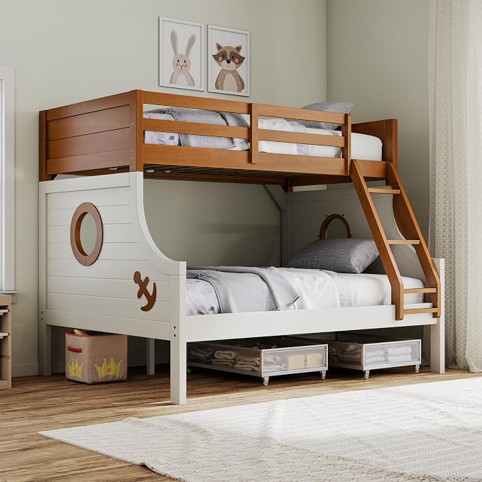 Furniture of America Kirsen Modern Solid Wood Twin Over Full Bunk Bed, No Box Spring Required, Boat Theme, for Kids, Boys, Girls, Bedroom, Dorm, Oak/White, No Trundle
