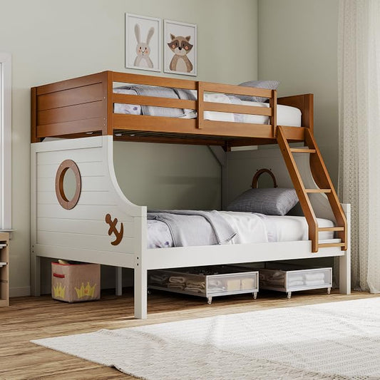 Furniture of America Kirsen Modern Solid Wood Twin Over Full Bunk Bed, No Box Spring Required, Boat Theme, for Kids, Boys, Girls, Bedroom, Dorm, Oak/White, No Trundle