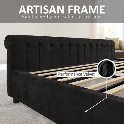 AMERLIFE Queen Size Platform Bed Frame, Velvet Upholstered Sleigh Bed with Scroll Wingback Headboard Footboard/Button Tufted/No Box Spring Required/Easy Assembly/Black