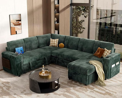 Vipbear 111" Modular Sectional Sleeper Sofa with Pull Out Bed, 7 Seat Plush Corduroy L Shaped Couch with Storage Chaise|USB Ports|Cup Holders|Side Table|Storage Armrests, Tool Free Assembly, Green