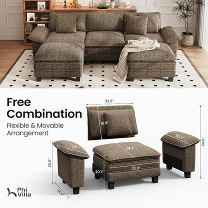 PHI VILLA Cloud Modular Couch Sets, 123.6" Oversized Sectional Sofa with U-Shaped Chaise, 5-Seater Couches with 2 Movable Ottomans for Living Room, Chenille Grayish Brown