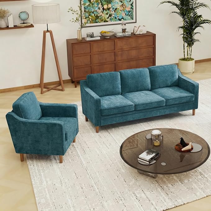 Kingfun Couch Sets for Living Room, 3 Seater Couch and Armchair, Mid Century Modern Sofa Set, Chenille Couch with Solid Wood Frame for Bedroom