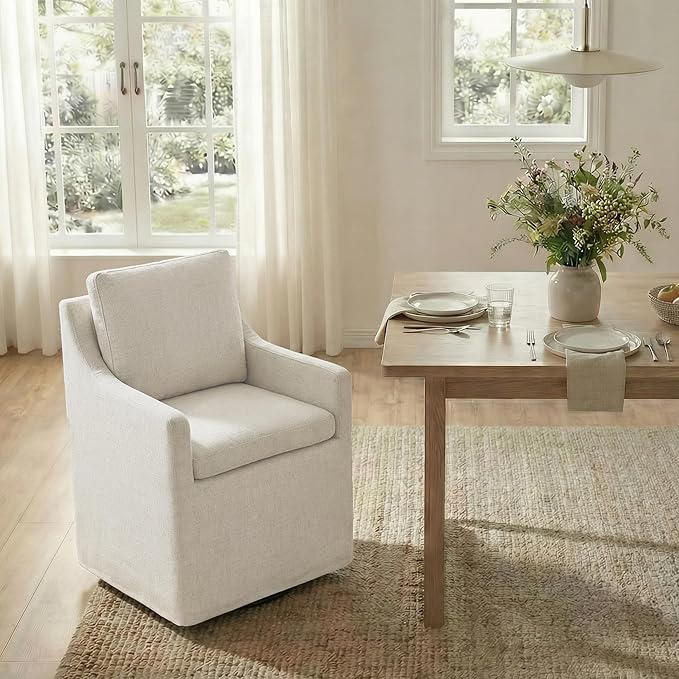 KISLOT Upholstered Dining Chairs Set of 1, Modern Dining Room Chairs with Casters & Washable Cover, Rolling Accent Chair with Hidden Storage for Kitchen, Farmhouse, Living Room, Linen Fabric, 1 Box