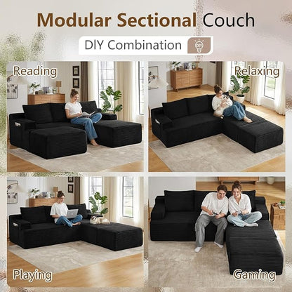 96" Cloud Sectional Couch U-Shaped Chaise with Ottoman, Corduroy Boneless Couch for Living Room Bedroom, Deep-Seat Upholstered Modular Cloud Sofa, No Assembly Required (Black, Right Facing Chaise)