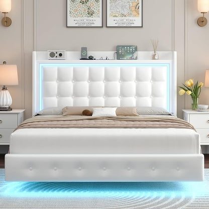 Keyluv Queen Floating Bed Frame with Storage Headboard, LED Lights & Charging Station Platform Bed, Soft Upholstered PU Leather, USB/Type-C Ports, Easy Assembly, White