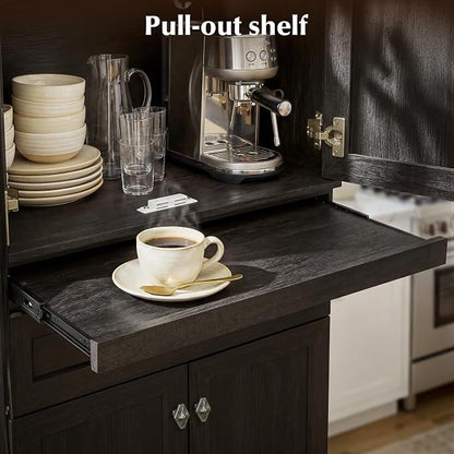 72.2" Tall Kitchen Pantry Cabinet with Doors, Farmhouse Storage Cabinet with Charging Station & LED Light, Drawer, Adjustable Shelves and Pull-Out Shelves, Black Wood Pantry Cupboard for Dining Room