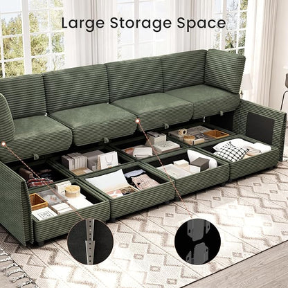 KKL 123" Oversized Sofa Bed with Storage Ottoman for Living Room,Convertible Modular Sectional Couches L/U/J-Shaped Sleeper Sofa Bed Plush Wide-Wale Corduroy Couch, Apartment, Green