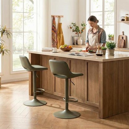 YOUNIKE Bar Stools Set of 2 Modern Swivel Barstools, Adjustable Counter Height Bar Stools Faux Leather Upholstered Counter Stools with Hollow Back for Kitchen Island, All Olive Green