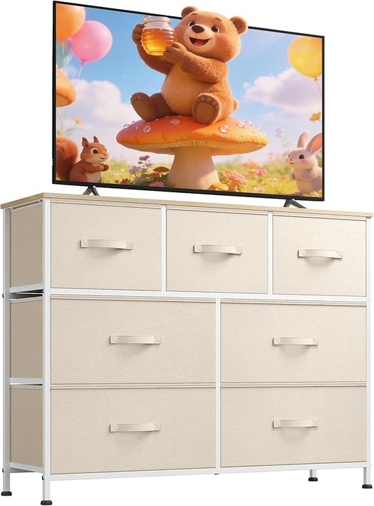 WLIVE 7 Drawer Dresser TV Stand, Entertainment Center, Media Console Table with Metal Frame and Wood Top for TV up to 45 inch, Chest of Drawers for Bedroom, Living Room, Cream White